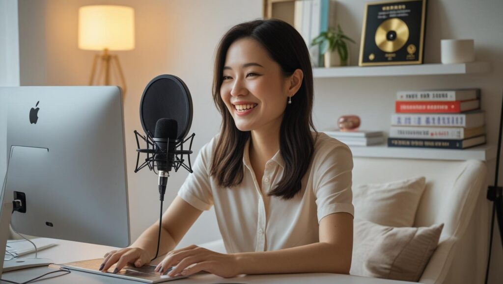 Podcaster talking about freelancing for beginners